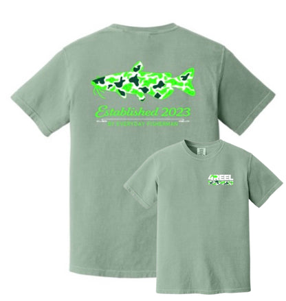 4REEL Catfish Camo Comfort Colors Tee – Neon Green
